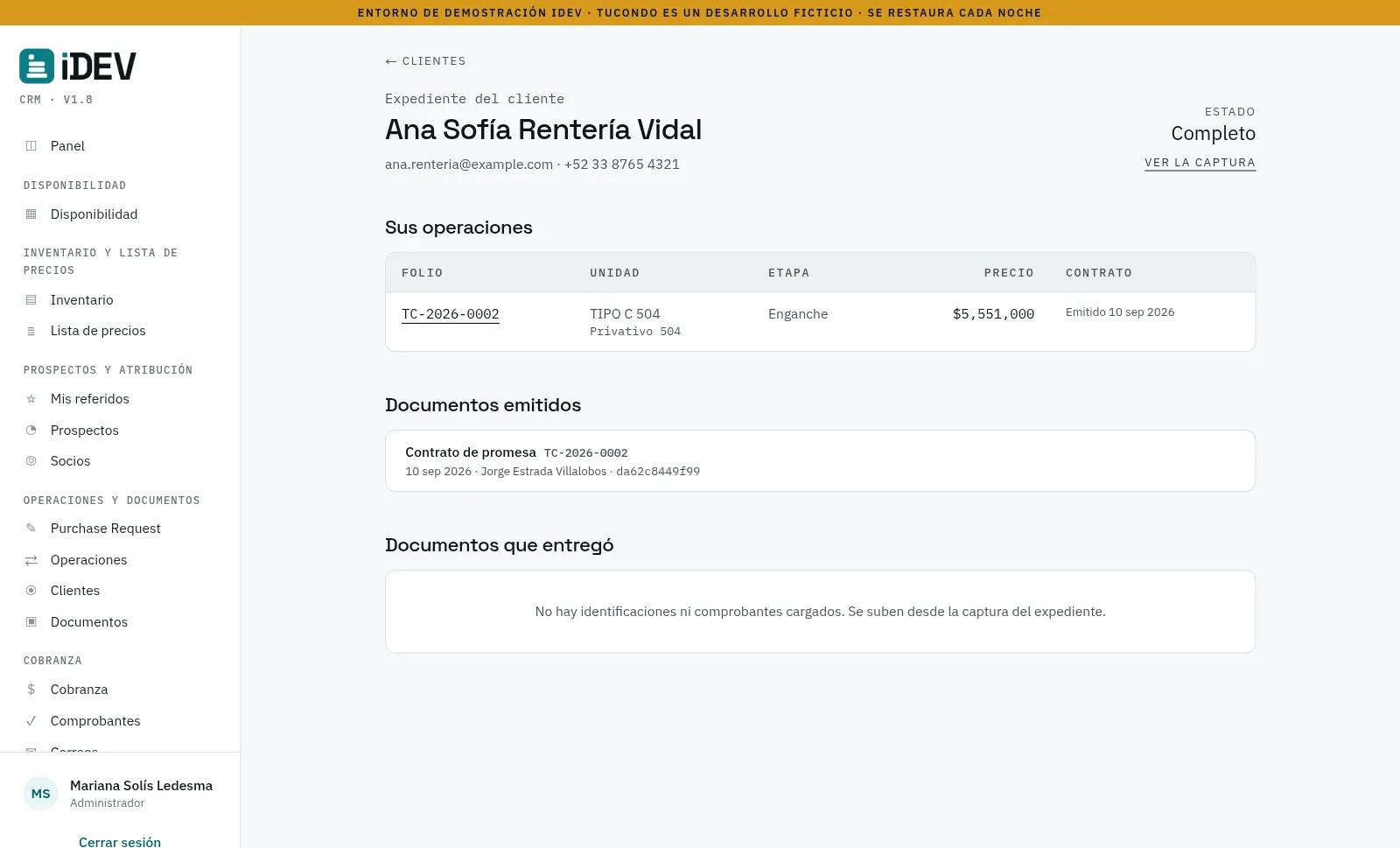 Expediente de un cliente: sus datos, su unidad, el plan de pagos y los documentos del expediente