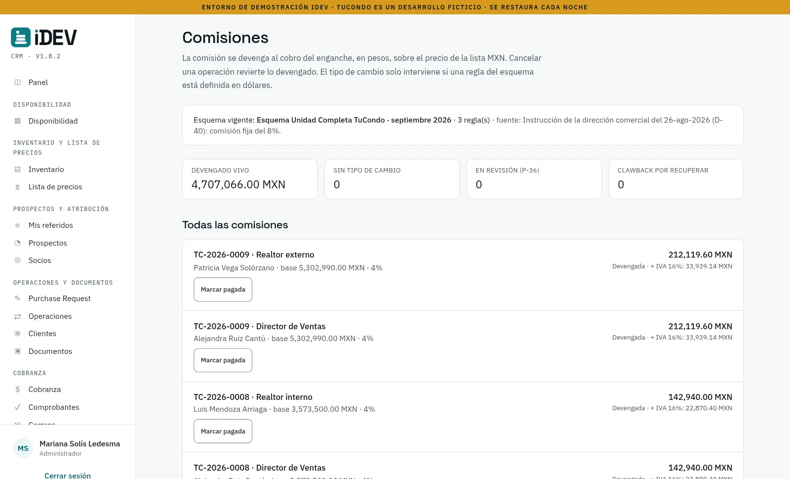 Comisiones devengadas y pagadas por asesor