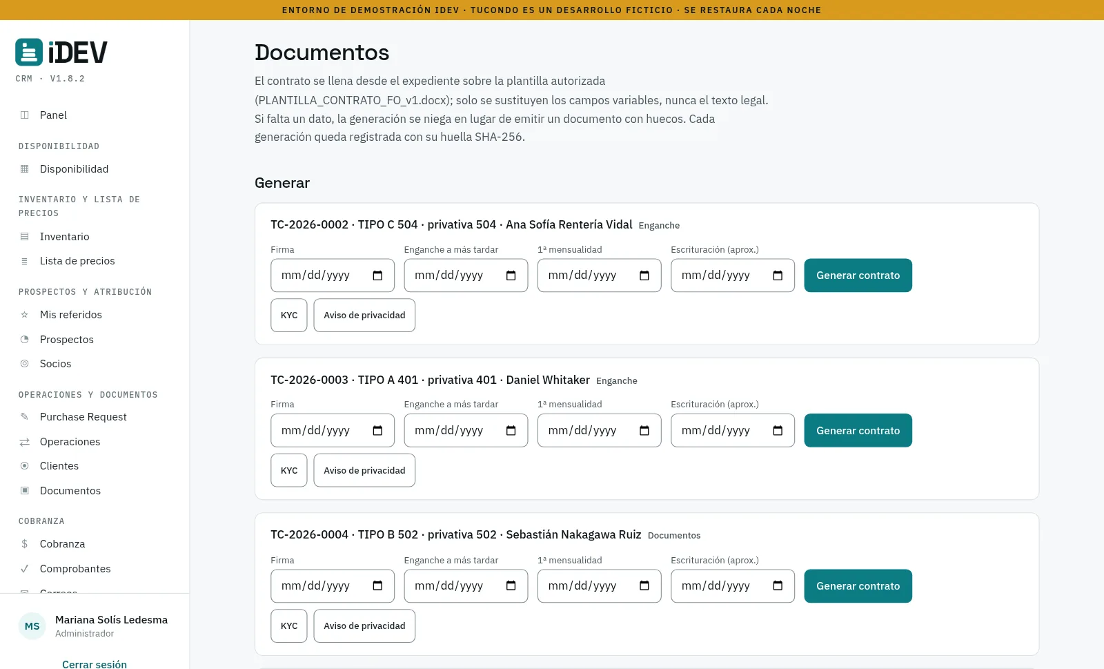 Documentos del expediente con su estado y su huella digital