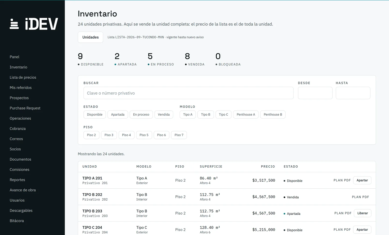 Inventario de 24 unidades con estado, superficie y precio de lista