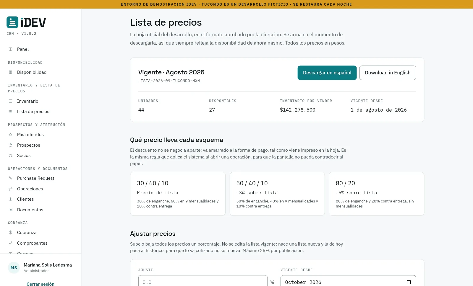 Lista de precios con superficies, precio por metro y precio total por unidad