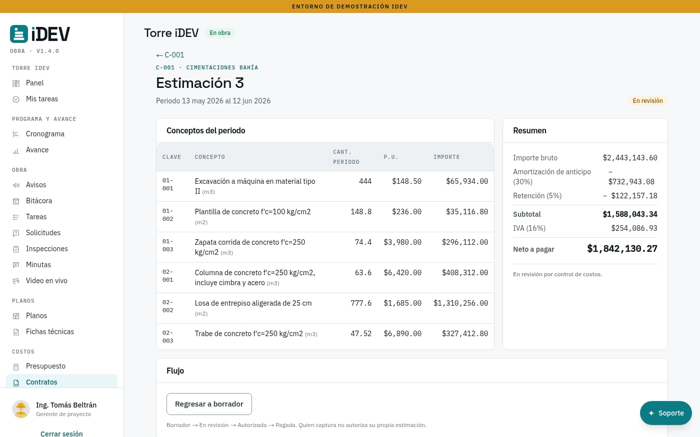 Generador de una estimación: conceptos, cantidades, precios unitarios, importe, retención y amortización del anticipo