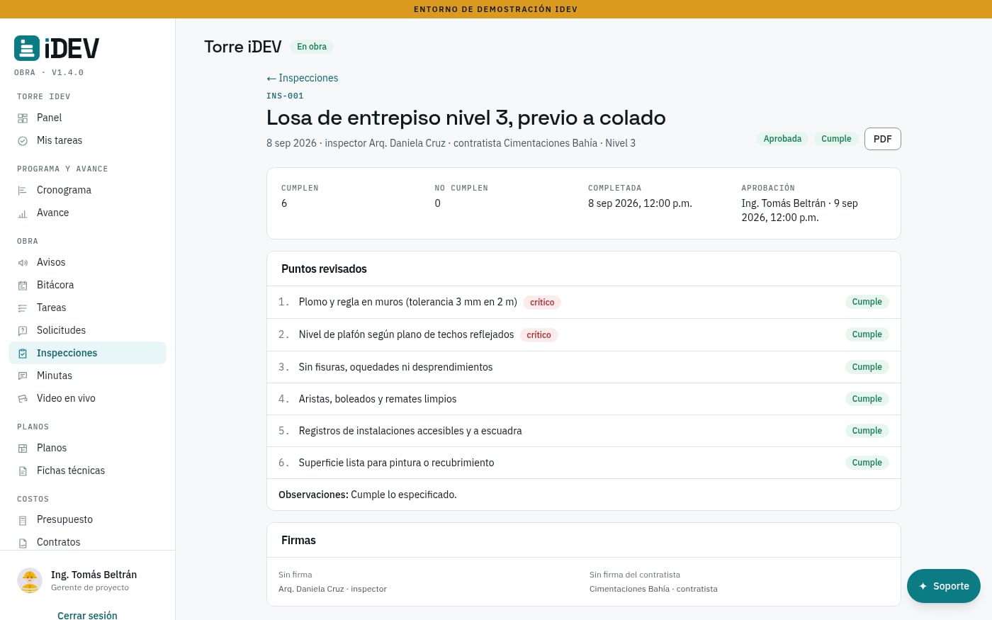 Inspección con su lista de verificación, resultado y firmas de quien entrega y quien recibe