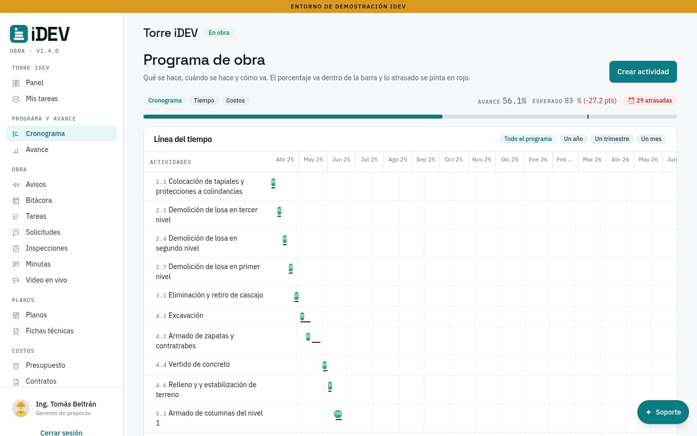 Cronograma de la obra en diagrama de barras, con las actividades y sus fechas