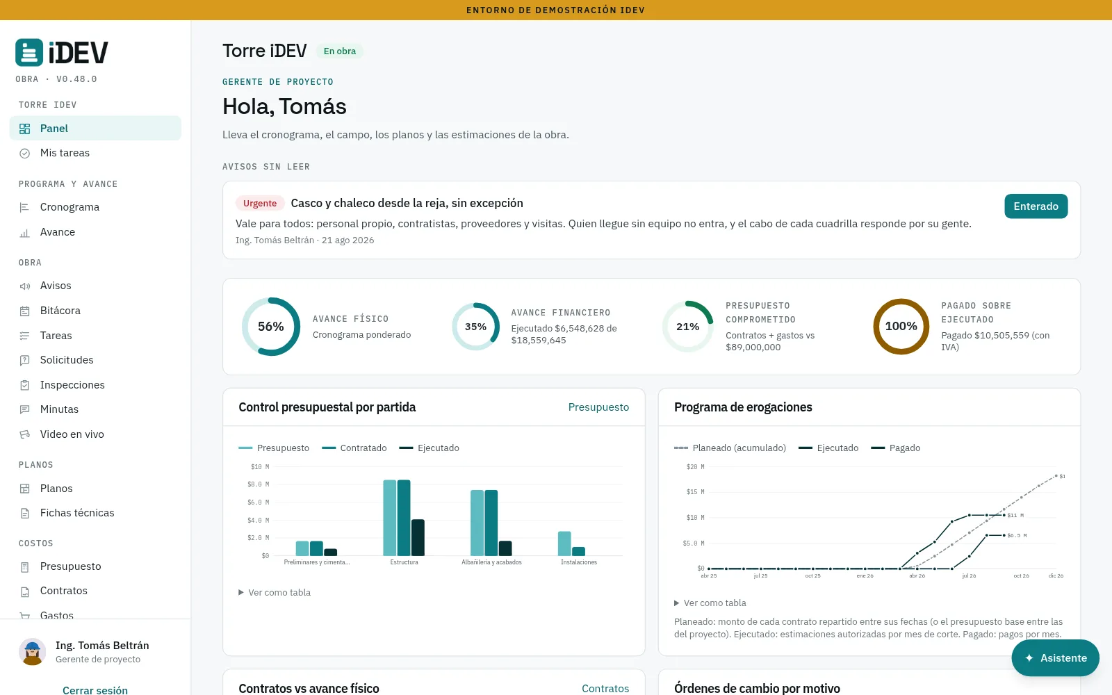 Panel del CRM de Obra con avance físico, financiero y control presupuestal