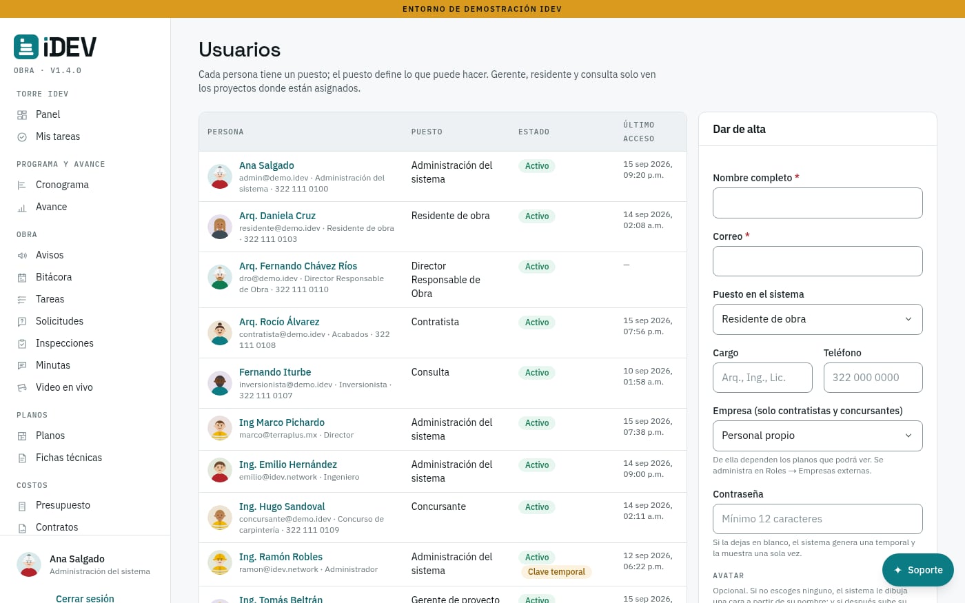 Lista de usuarios del sistema: cada persona con su avatar, su puesto y su último acceso