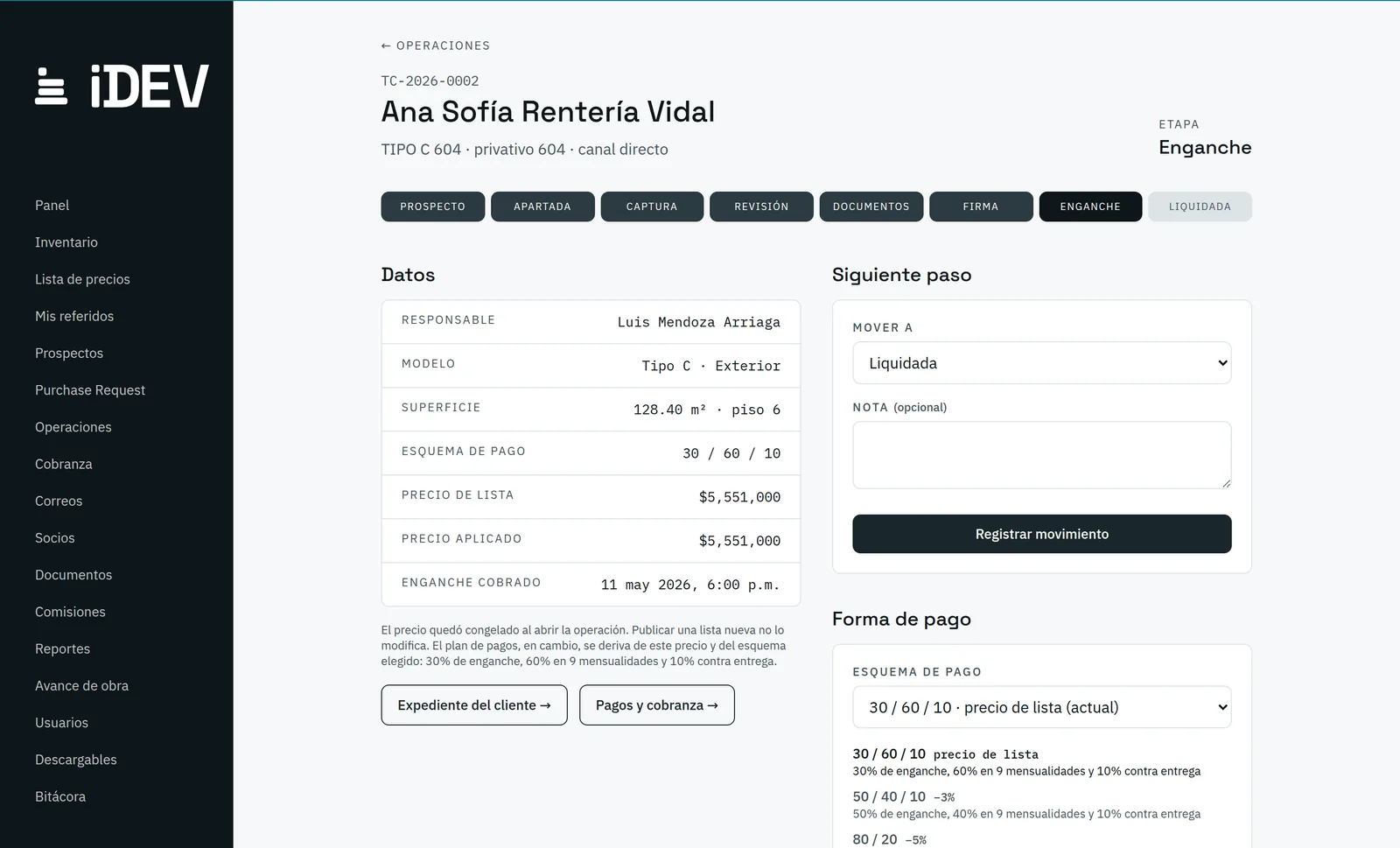 Detalle de una operación: etapas, datos, esquema de pago y siguiente paso