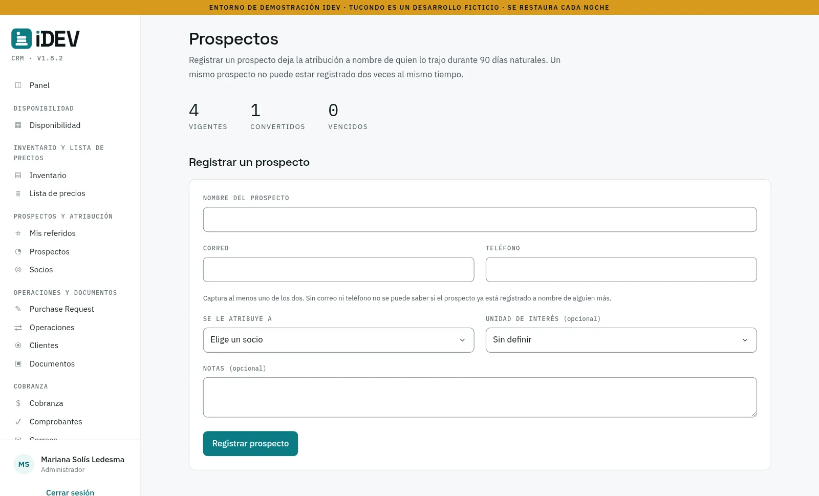 Tablero de prospectos por etapa, con origen y asesor