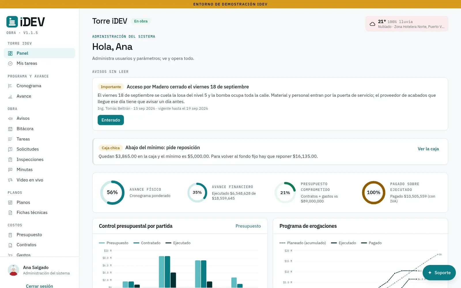 Panel del CRM de Obra